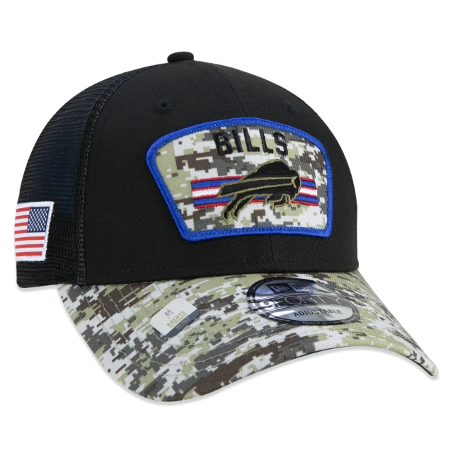 Boné 9FORTY Trucker Buffalo Bills Salute To Service NFL Snapback Aba Curva Preto