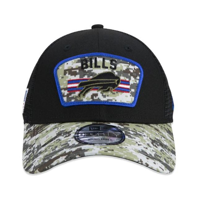 Boné 9FORTY Trucker Buffalo Bills Salute To Service NFL Snapback Aba Curva Preto