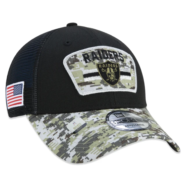 Boné 9FORTY Trucker Las Vegas Raiders Salute To Service NFL Snapback Aba Curva Preto