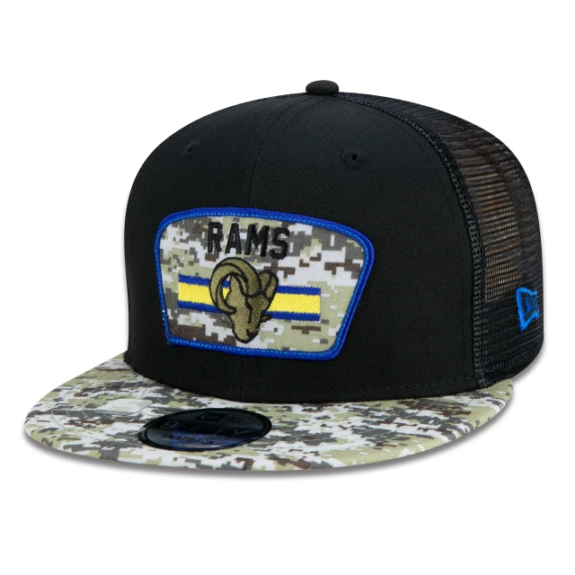 Boné 9FIFTY Trucker Los Angeles Rams Salute To Service NFL Snapback Aba Reta Preto