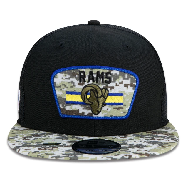Boné 9FIFTY Trucker Los Angeles Rams Salute To Service NFL Snapback Aba Reta Preto