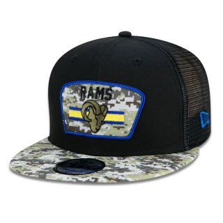 Boné 9FIFTY Trucker Los Angeles Rams Salute To Service NFL Snapback Aba Reta Preto